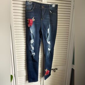 Women's Dark Blue Skinny Jeans with Red Floral Embroidery